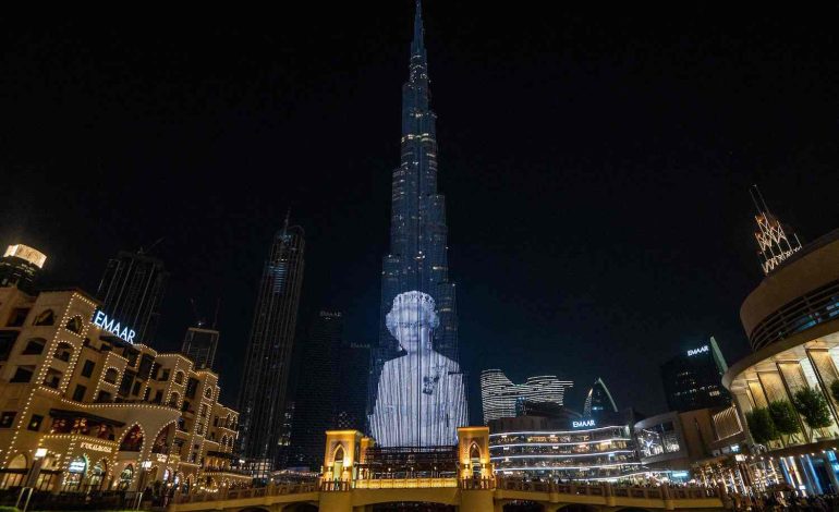 Dubai’s Burj Khalifa lights up with portrait of Britain’s Queen Elizabeth and flag
